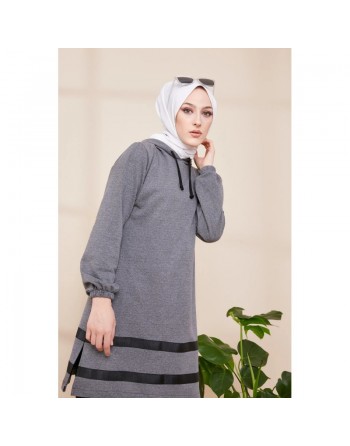 Tunique à capuche et bandes noires pour femme (Mode islamique) - Couleur gris chiné 