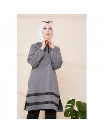Tunique à capuche et bandes noires pour femme (Mode islamique) - Couleur gris chiné 