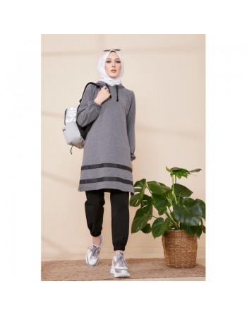 Tunique à capuche et bandes noires pour femme (Mode islamique) - Couleur gris chiné 