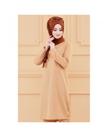 Ensemble tunique boutonnée et pantalon assorti (Vêtement femme voilée Turquie) - Couleur vison 