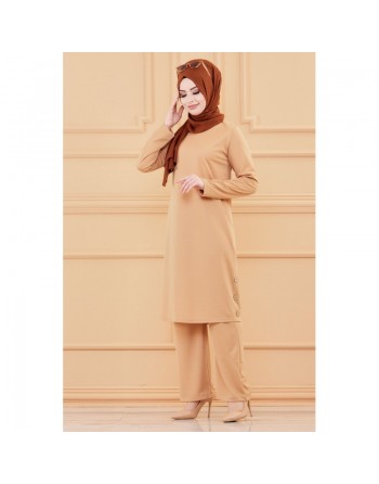 Ensemble tunique boutonnée et pantalon assorti (Vêtement femme voilée Turquie) - Couleur vison 