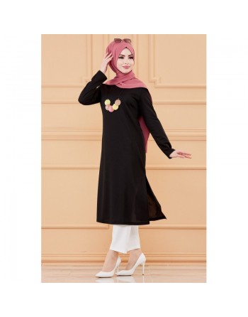 Tunique longue avec collier offert (Vetement hijab femme - Mode musulmane) - Couleur noir 