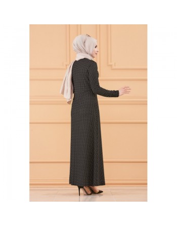 Robe longue à pois pour femme (Vêtement hijab tendance 2024) - Couleur noir 