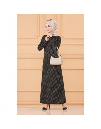 Robe longue à pois pour femme (Vêtement hijab tendance 2024) - Couleur noir 