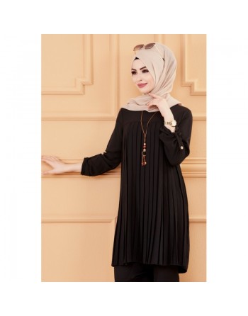 Tunique plissée style habillé pour femme (Vêtement élégant pour hijab - Nouveautés 2024) - Couleur noir 