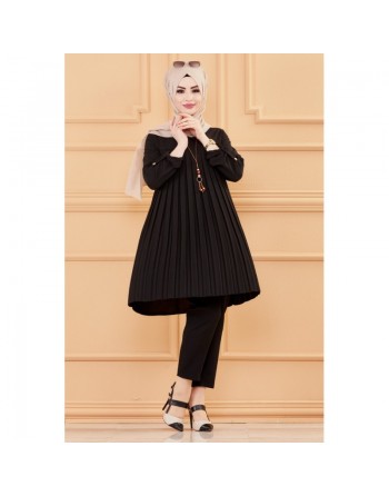 Tunique plissée style habillé pour femme (Vêtement élégant pour hijab - Nouveautés 2024) - Couleur noir 