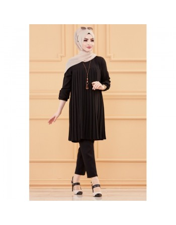 Tunique plissée style habillé pour femme (Vêtement élégant pour hijab - Nouveautés 2024) - Couleur noir 