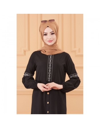 Robe longue brodée pour femme musulmane (Modèles de Robes Style Classique pour Hijab 2024) - Couleur noir 