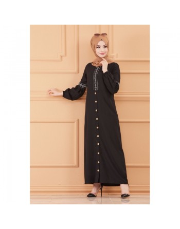 Robe longue brodée pour femme musulmane (Modèles de Robes Style Classique pour Hijab 2024) - Couleur noir 