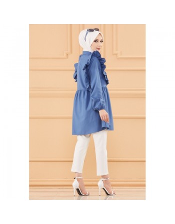 Tunique chemise habillée pour femme (Vêtement Hijab Mode) - Couleur bleu indigo 
