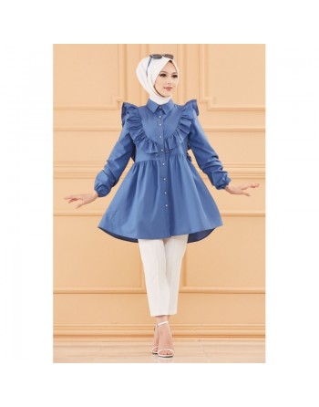 Tunique chemise habillée pour femme (Vêtement Hijab Mode) - Couleur bleu indigo 
