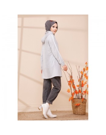 Cardigan zippé pour femme (Vêtement moderne hijab 2024) - Couleur gris clair 