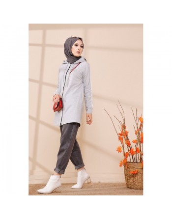 Cardigan zippé pour femme (Vêtement moderne hijab 2024) - Couleur gris clair 