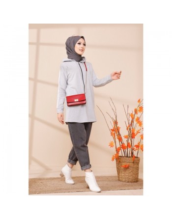 Cardigan zippé pour femme (Vêtement moderne hijab 2024) - Couleur gris clair 