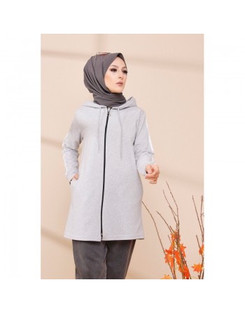 Cardigan zippé pour femme (Vêtement moderne hijab 2024) - Couleur gris clair 