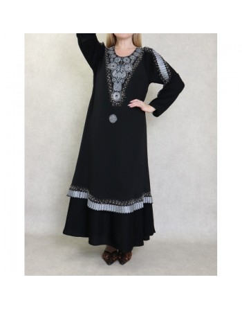 Robe Abaya ample Dubaï noire de qualité avec nombreuses broderies et strass idéale pour la fête de l'Aïd 