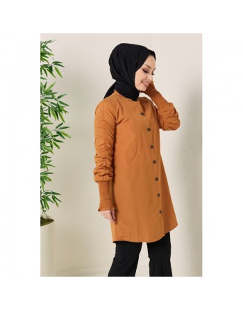 Chemise longue manche plissée à l'élastique (Vêtement pour Hijab - Mode 2024) - Couleur tabac 