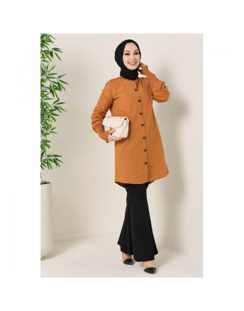 Chemise longue manche plissée à l'élastique (Vêtement pour Hijab - Mode 2024) - Couleur tabac 