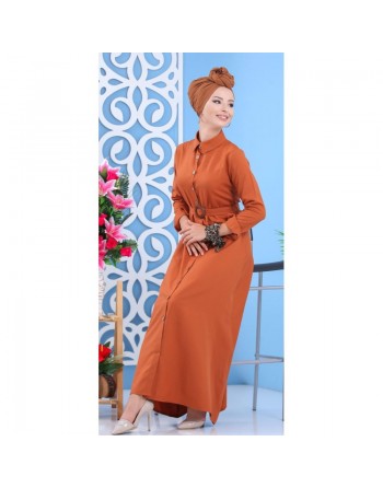 Robe longue boutonné avec ceinture - Tenue de ville pour femme - Couleur Rouille 