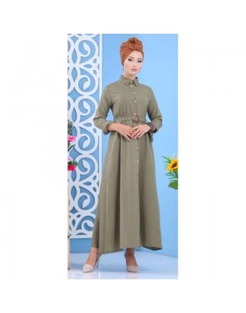 Robe longue boutonné avec ceinture - Couleur Kaki 