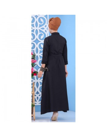 Robe longue boutonné avec ceinture - Couleur Noir (Vetement mastour pour femme) 