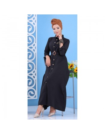 Robe longue boutonné avec ceinture - Couleur Noir (Vetement mastour pour femme) 