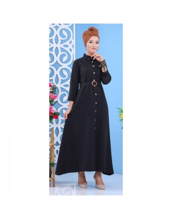 Robe longue boutonné avec ceinture - Couleur Noir (Vetement mastour pour femme) 