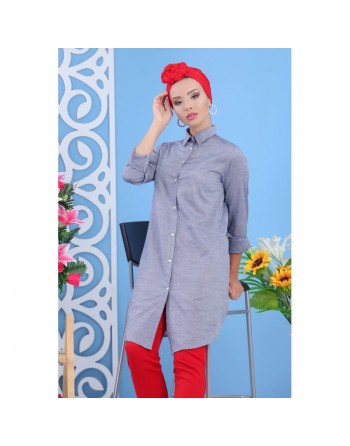 Chemise longue femme à fines rayures bleues et grises 