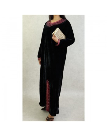 Robe arabe traditionnelle en velours brodée pour femme (Saison Automne-Hiver) - Couleur Noir 