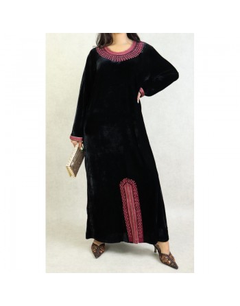 Robe arabe traditionnelle en velours brodée pour femme (Saison Automne-Hiver) - Couleur Noir 