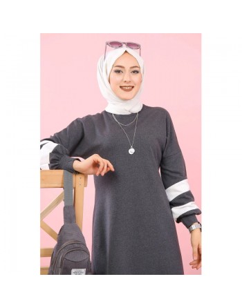 Robe longue look sportswear moderne pour femme musulmane (Robes coton hijab pas cher) - Couleur gris anthracite 