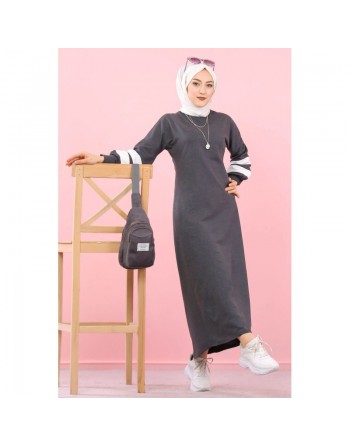Robe longue look sportswear moderne pour femme musulmane (Robes coton hijab pas cher) - Couleur gris anthracite 