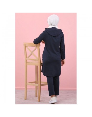 Ensemble survêtement islamique à capuche et bandes blanches pour femme voilée - Couleur bleu marine 