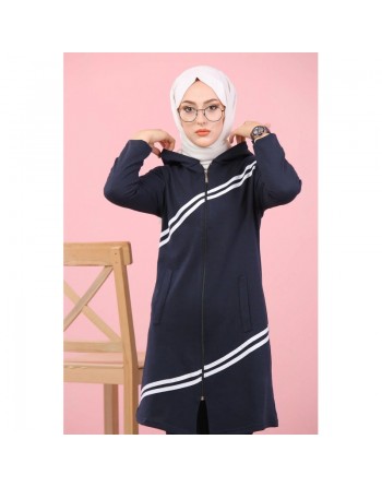 Ensemble survêtement islamique à capuche et bandes blanches pour femme voilée - Couleur bleu marine 