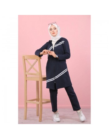 Ensemble survêtement islamique à capuche et bandes blanches pour femme voilée - Couleur bleu marine 