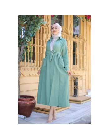Robe chemise longue avec ceinture et grandes poches (Vetement mastour pour femme voilée) - Couleur vert 