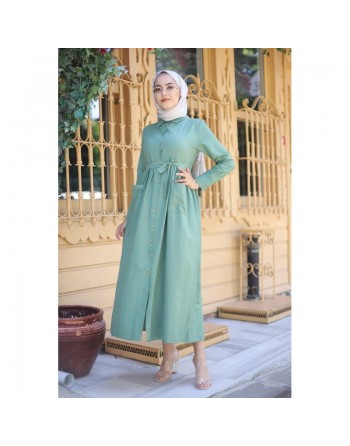 Robe chemise longue avec ceinture et grandes poches (Vetement mastour pour femme voilée) - Couleur vert 