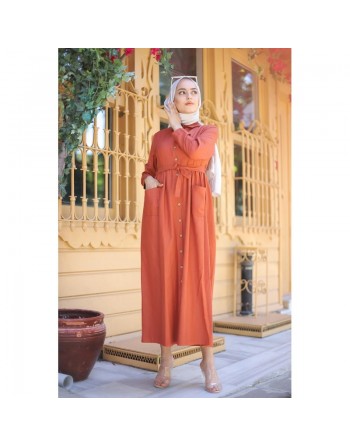 Robe chemise longue avec ceinture et grandes poches (Vetement ample pour femme voilée) - Couleur brique 