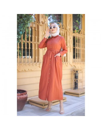 Robe chemise longue avec ceinture et grandes poches (Vetement ample pour femme voilée) - Couleur brique 