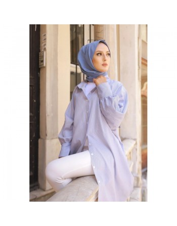 Chemise-Tunique longue à rayures (Vêtements pour femme voilée - Collection Mode musulmane) - Couleur bleu 