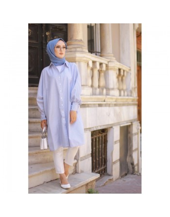 Chemise-Tunique longue à rayures (Vêtements pour femme voilée - Collection Mode musulmane) - Couleur bleu 
