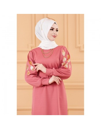 Tunique longue avec dorure (Vêtement femme voilée chic) - Couleur rose 