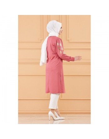 Tunique longue avec dorure (Vêtement femme voilée chic) - Couleur rose 