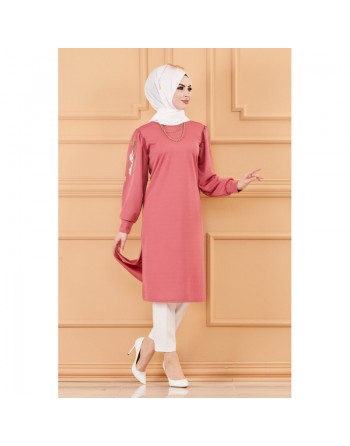 Tunique longue avec dorure (Vêtement femme voilée chic) - Couleur rose 