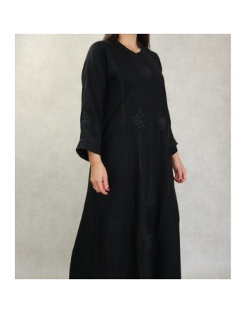 Robe Abaya Dubaï noire de qualité avec strass avec son châle assorti 