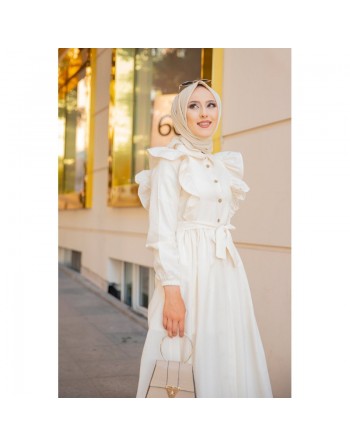 Robe longue boutonnée à froufrou (Tenue Hijab Turque pour femme voilée) - Couleur Crème 