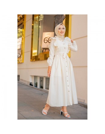 Robe longue boutonnée à froufrou (Tenue Hijab Turque pour femme voilée) - Couleur Crème 