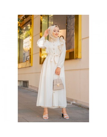 Robe longue boutonnée à froufrou (Tenue Hijab Turque pour femme voilée) - Couleur Crème 