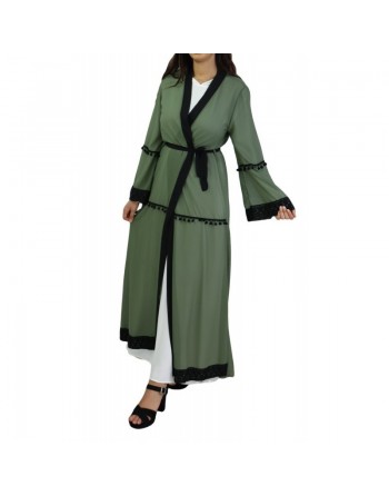 Gilet en mousseline avec ceinture et broderies - Vert militaire 