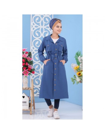 Trench-coat de ville et Robe boutonnée mi-longue pour femme - Couleur bleu 